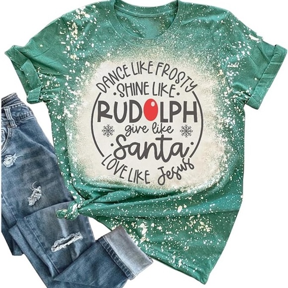 Tops - NWOT Christmas Graphic T-Shirt Green Snowflake Rudolph Frosty Santa Jesus Size M